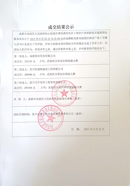 成都市雙流區人民政府怡心街道辦事處清河社區2組農戶房屋拆除及建渣清運服務項目結果公示